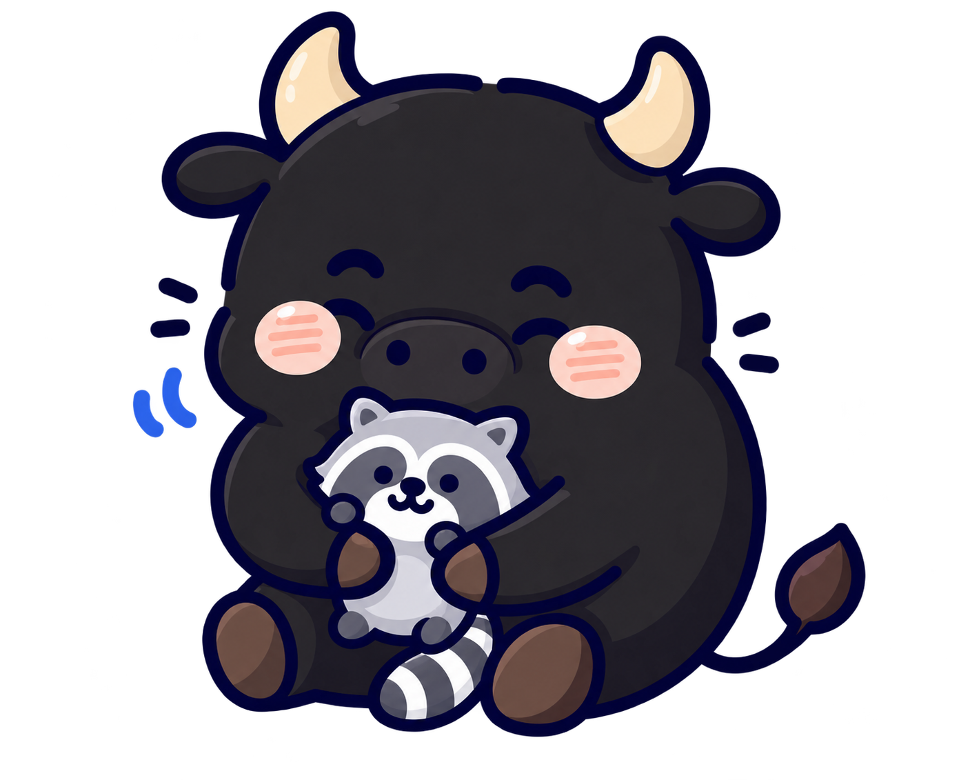 Cute bull and raccoon sitting together under the moon